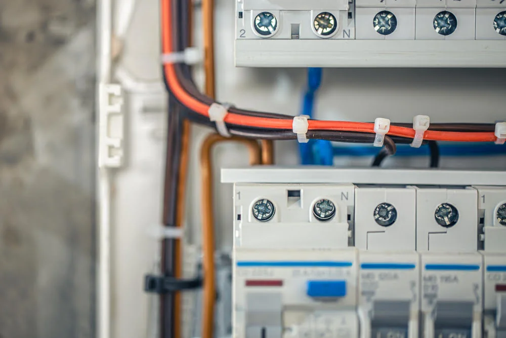 close up circuit breakers wire control panel