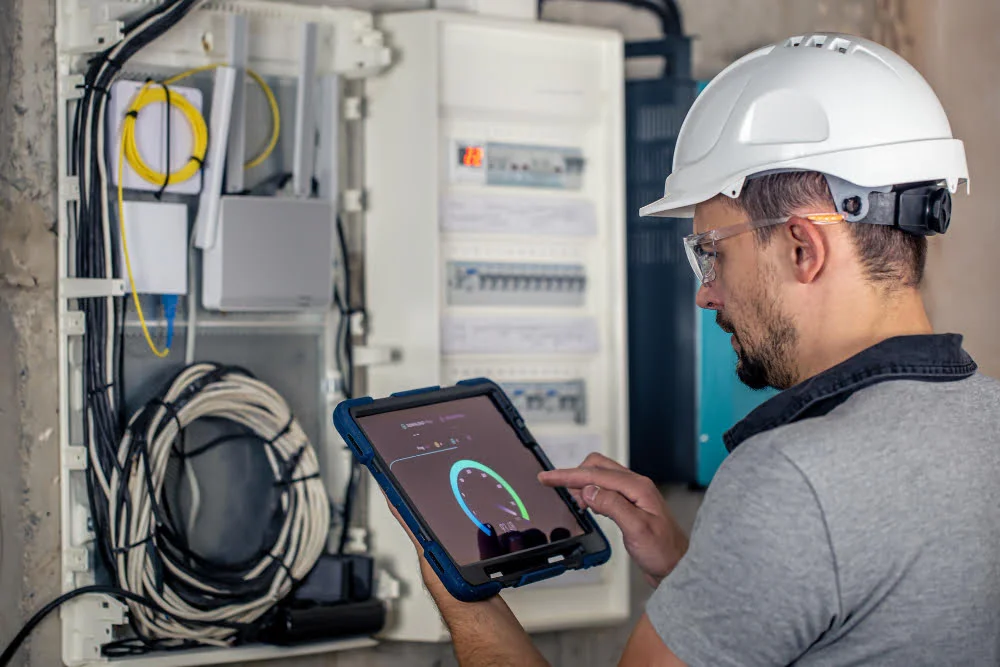 man electrical technician working switchboard with fuses uses tablet 1