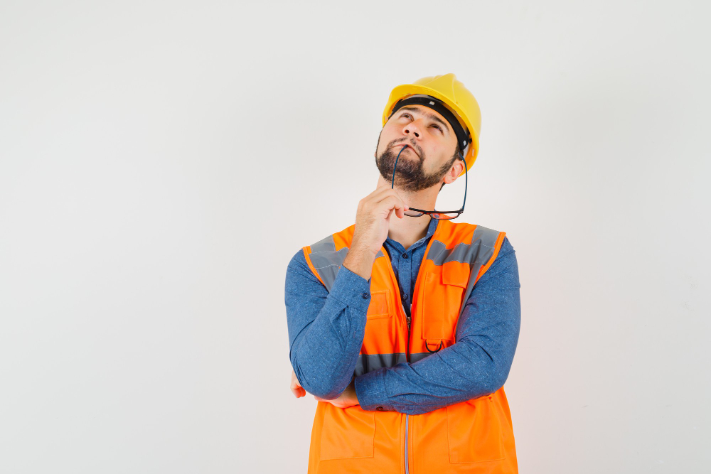 young builder shirt vest helmet biting glasses looking up looking pensive front view